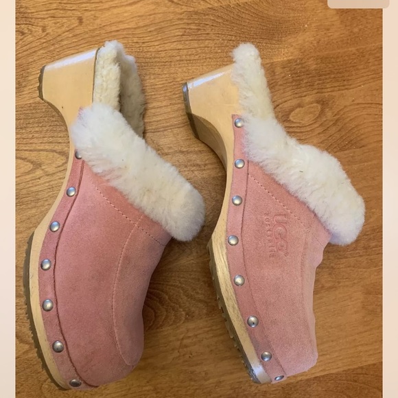 UGG Australia Kalie5426 Wooden Clog Wmns size 5 Pink Suede Shearling Lined Shoes - Picture 7 of 8